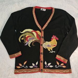 90s Vintage Vibrant Black Cardigan with Rooster Embroidery And Beaded Work Large